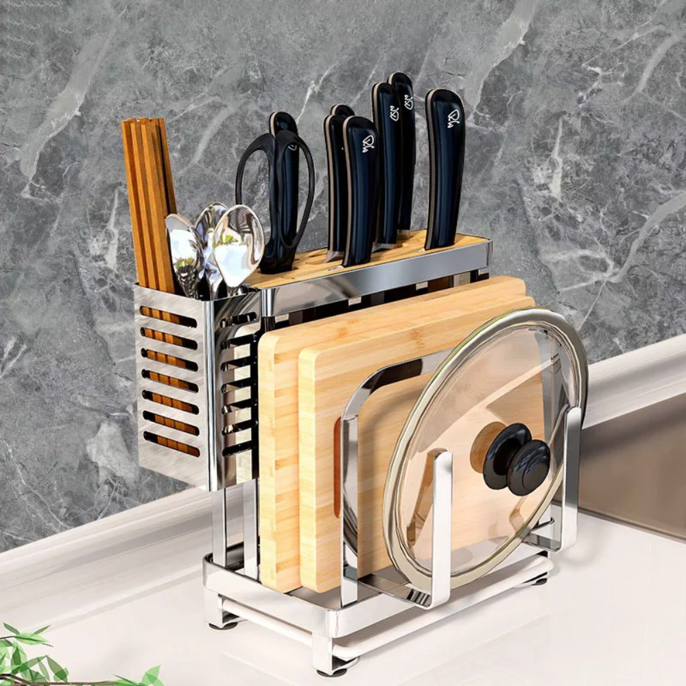 Multifunction Stainless Steel Knife Holder, Metal Kitchen Block, Chopping Board, Cutlery Organizer, Magnet Rack, Storage