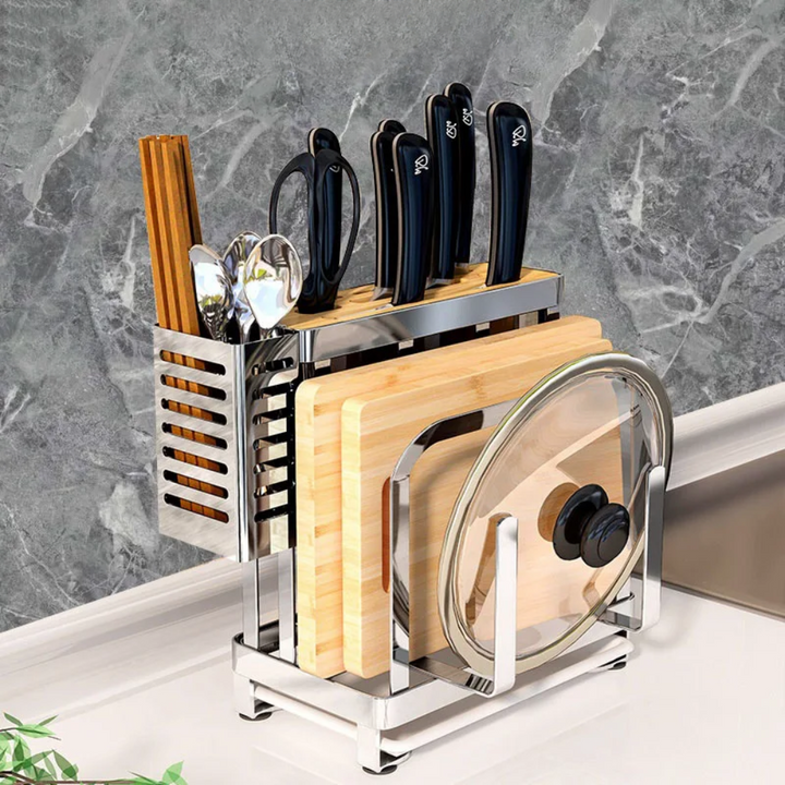 Multifunction Stainless Steel Knife Holder, Metal Kitchen Block, Chopping Board, Cutlery Organizer, Magnet Rack, Storage