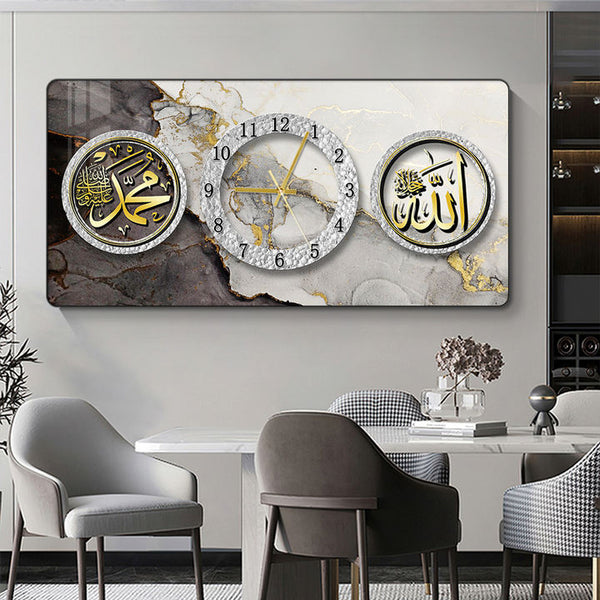 Islamic Arabic Calligraphy Art PVC Frame Wall Clock Islamic Muslim Religious Picture Crystal Wall Clock Art Painting