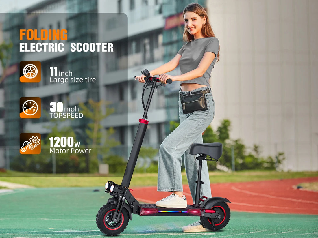 1200W Off-road Electric Scooter with Seat, 48V 21Ah Battery, Max speed 30Mph, Range 35Miles, Foldable Commuter E-scooter